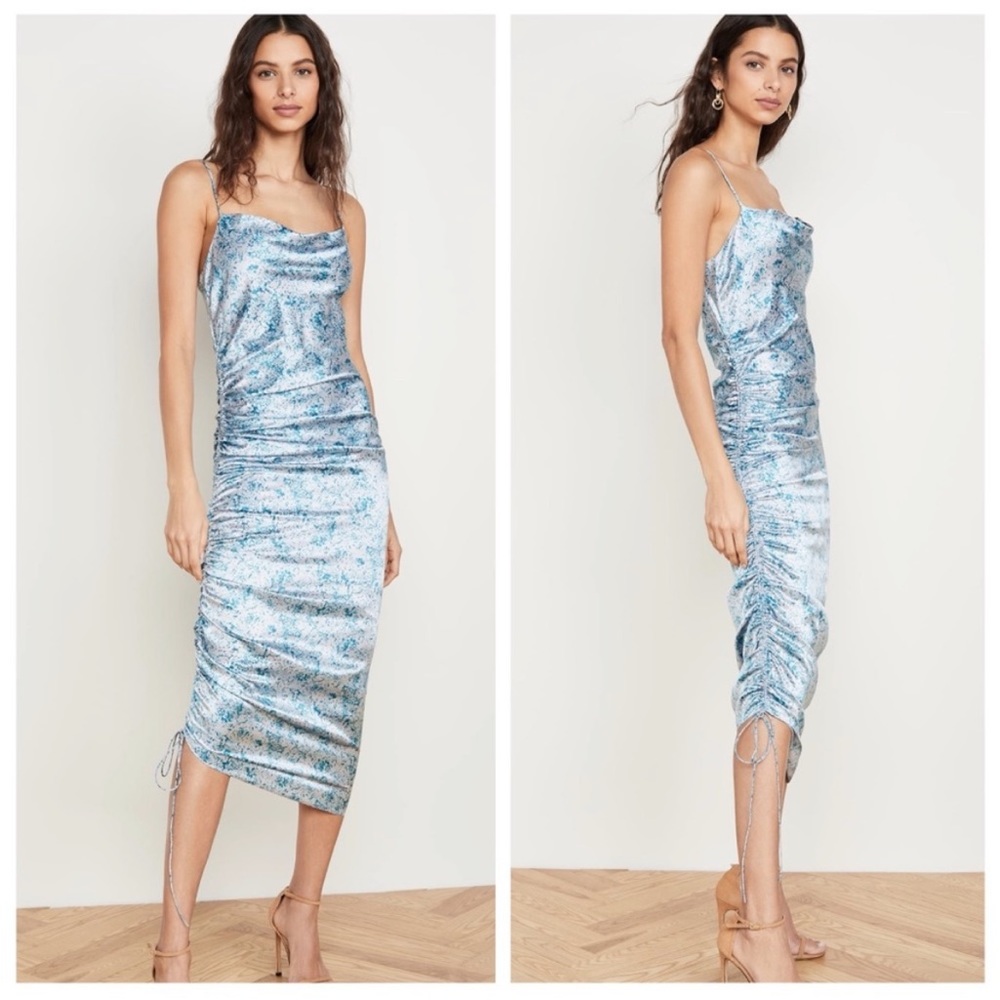 Cinq A Sept Sapir 100% Silk Satin Ruched Midi Slip Dress In Blue Size 6